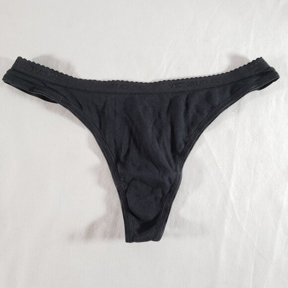 Victoria's Secret Signature Cotton Low Rise Thong Medium Black *Pinholes* - Picture 1 of 4